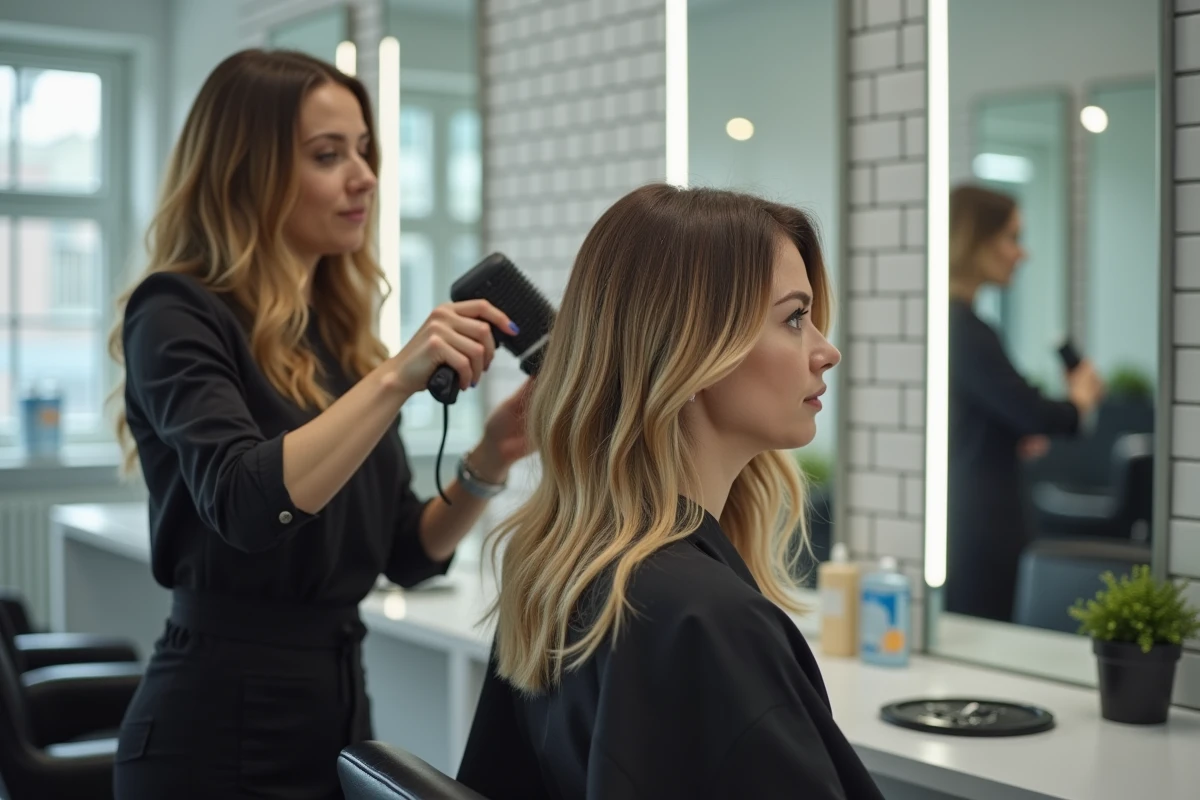 Coiffeuse finissant une coupe dégradée sur cheveux mi-longs en salon, résultat naturel et volumineux