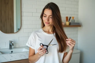 Femme se préparant à couper ses pointes seule dans une salle de bain avec des ciseaux professionnels