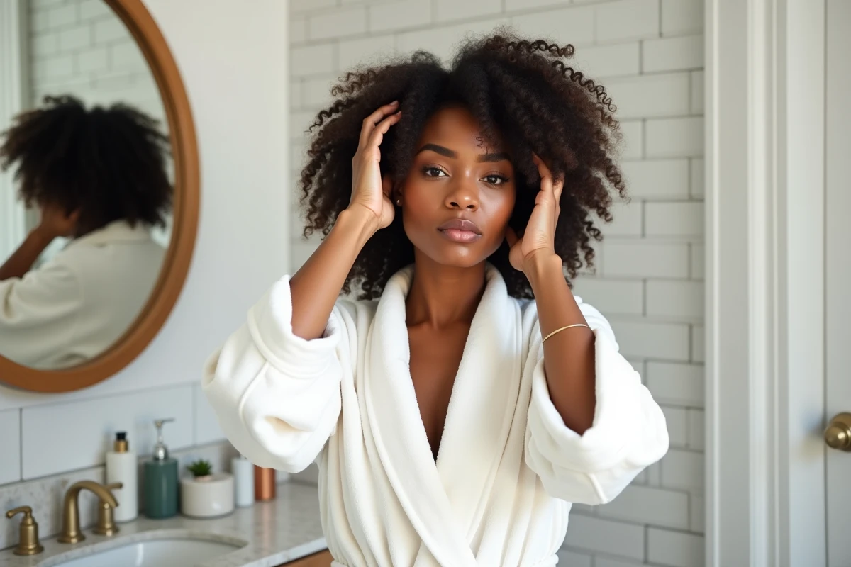 Jeune femme noire appliquant une crème coiffante sur ses cheveux bouclés naturels dans une salle de bain moderne