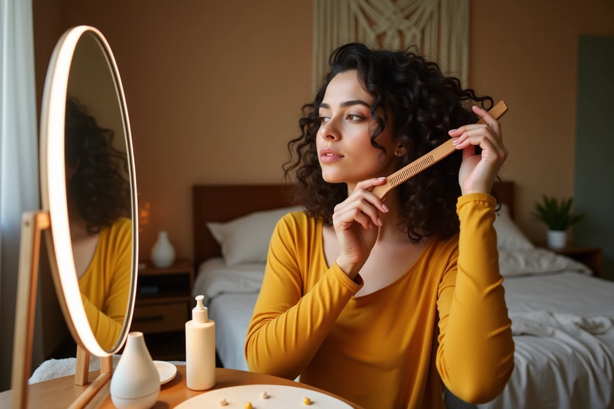 Femme aux cheveux bouclés méditerranéens utilisant un peigne à dents larges pour appliquer une crème coiffante devant un miroir de coiffeuse