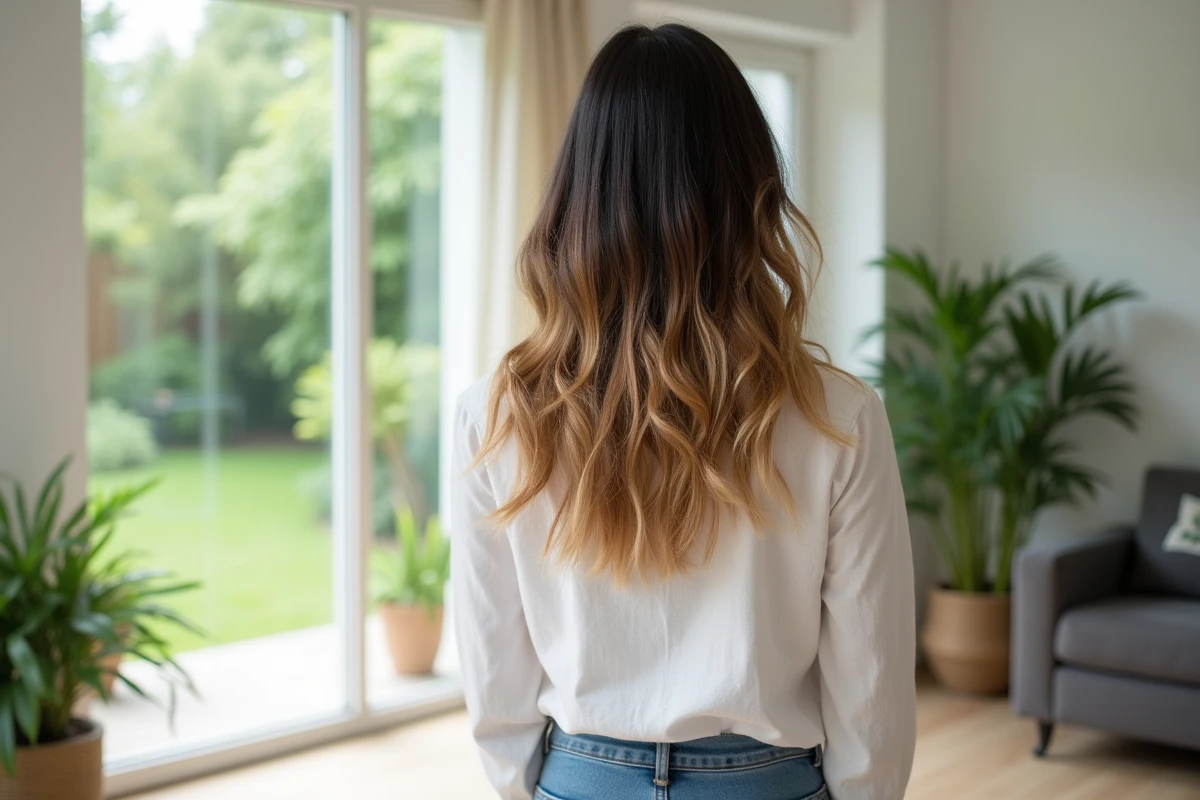 Femme de dos aux cheveux mi-longs en dégradé naturel brun doré avec ondulations dans un intérieur scandinave lumineux