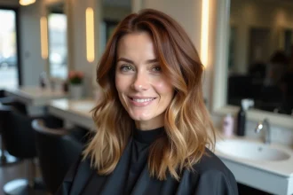 Femme aux cheveux mi-longs avec un dégradé balayage châtain caramel dans un salon de coiffure moderne