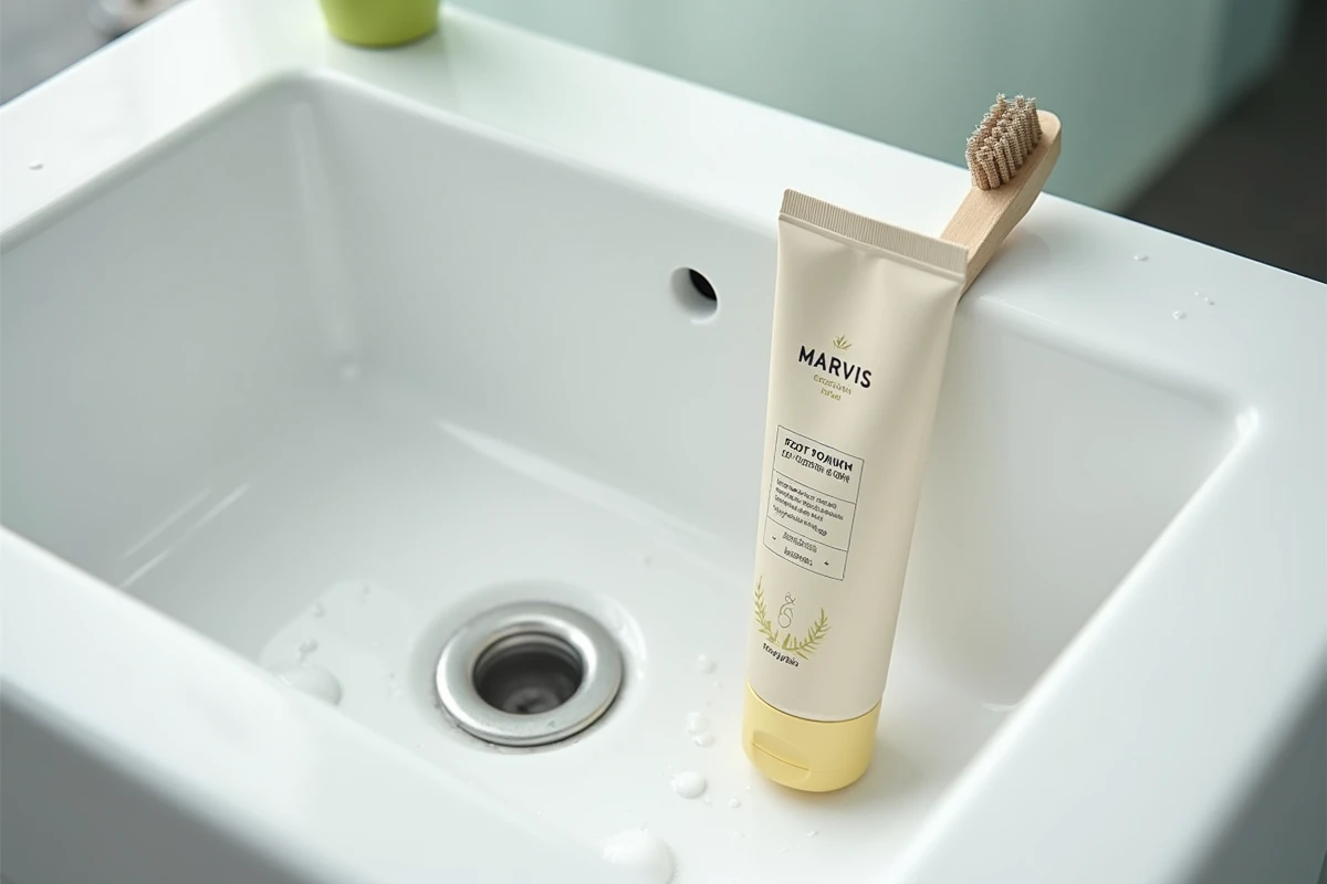 Tube de dentifrice MARVIS posé sur un lavabo en céramique avec brosse à dents, produit blanchissant pour dents jaunies par le tabac