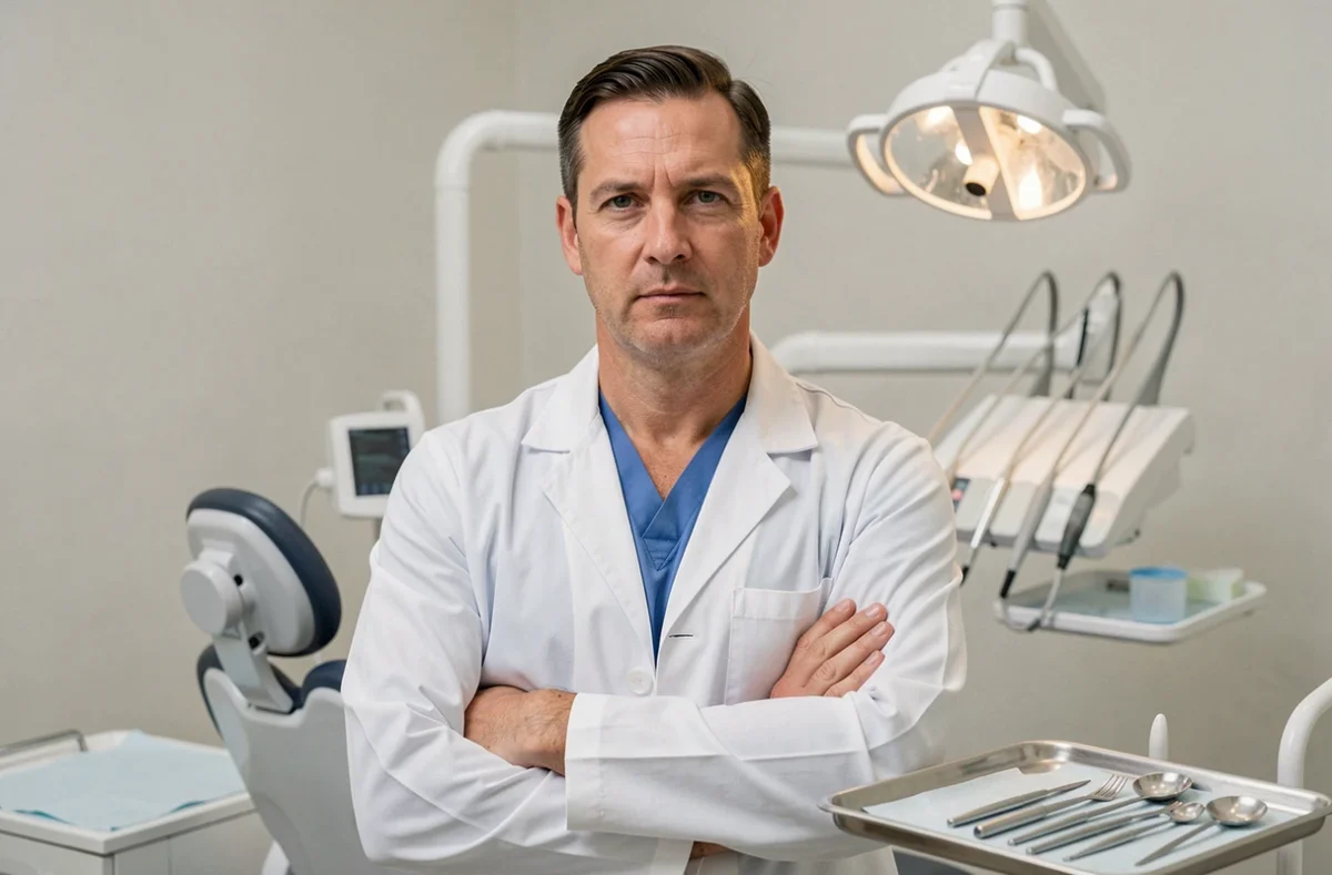 Dentiste en blouse blanche dans une salle de traitement d'une clinique The Smilist, regard professionnel et confiant