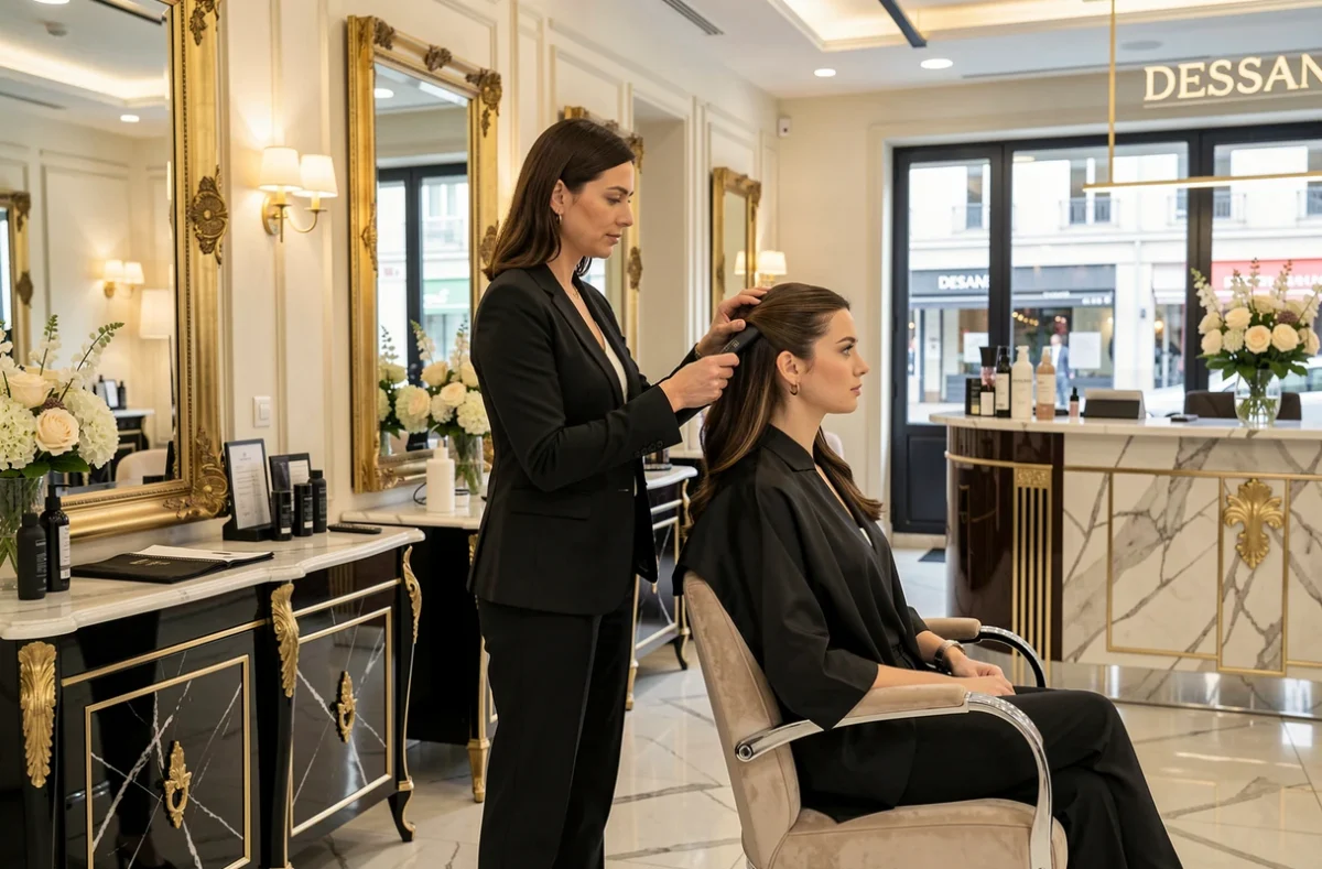 Salon Dessange haut de gamme en centre-ville de Grenoble avec une coiffeuse présentant un brushing soigné à une cliente élégante