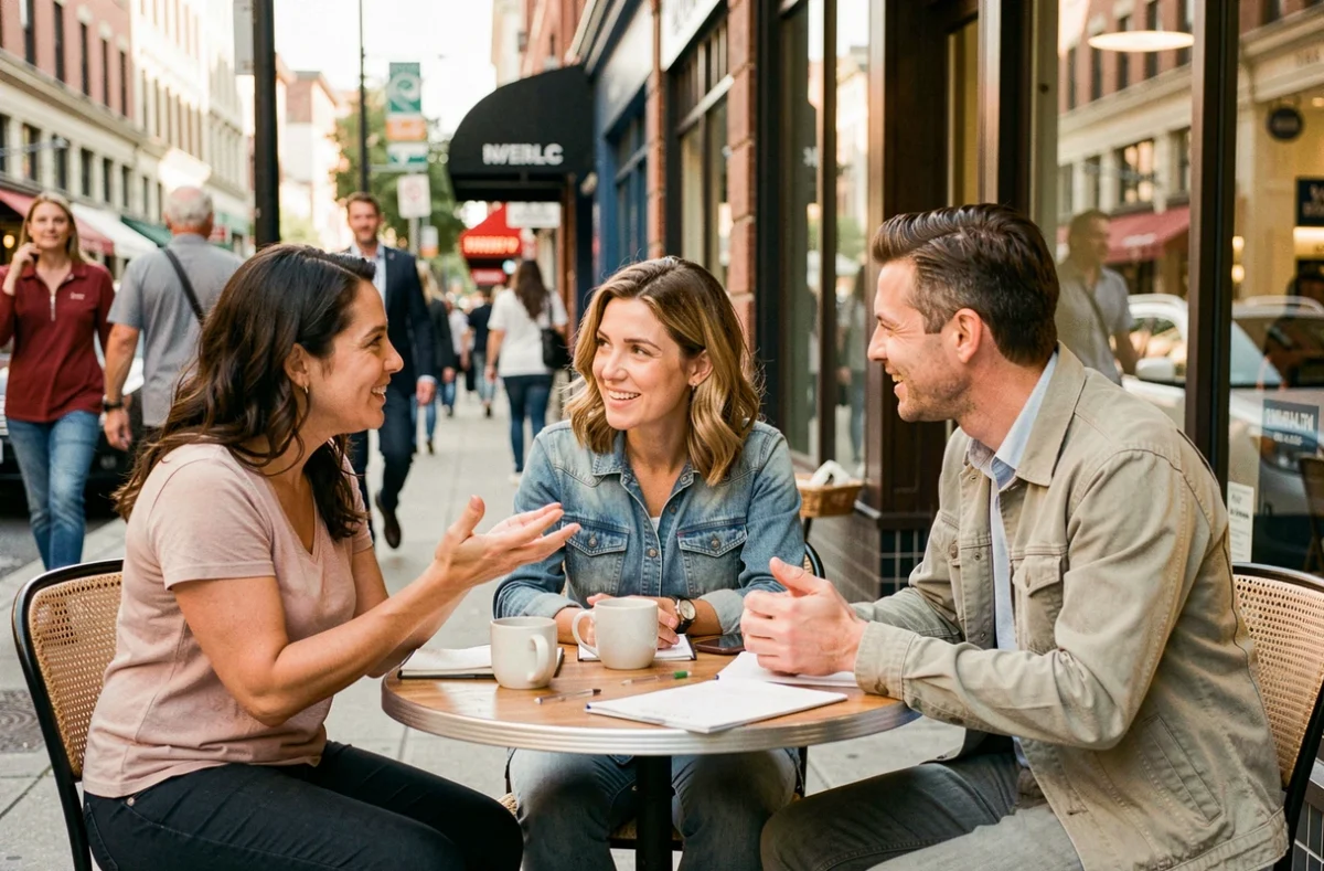 Groupe de personnes discutant de leurs expériences et avis sur la clinique dentaire The Smilist en terrasse de café