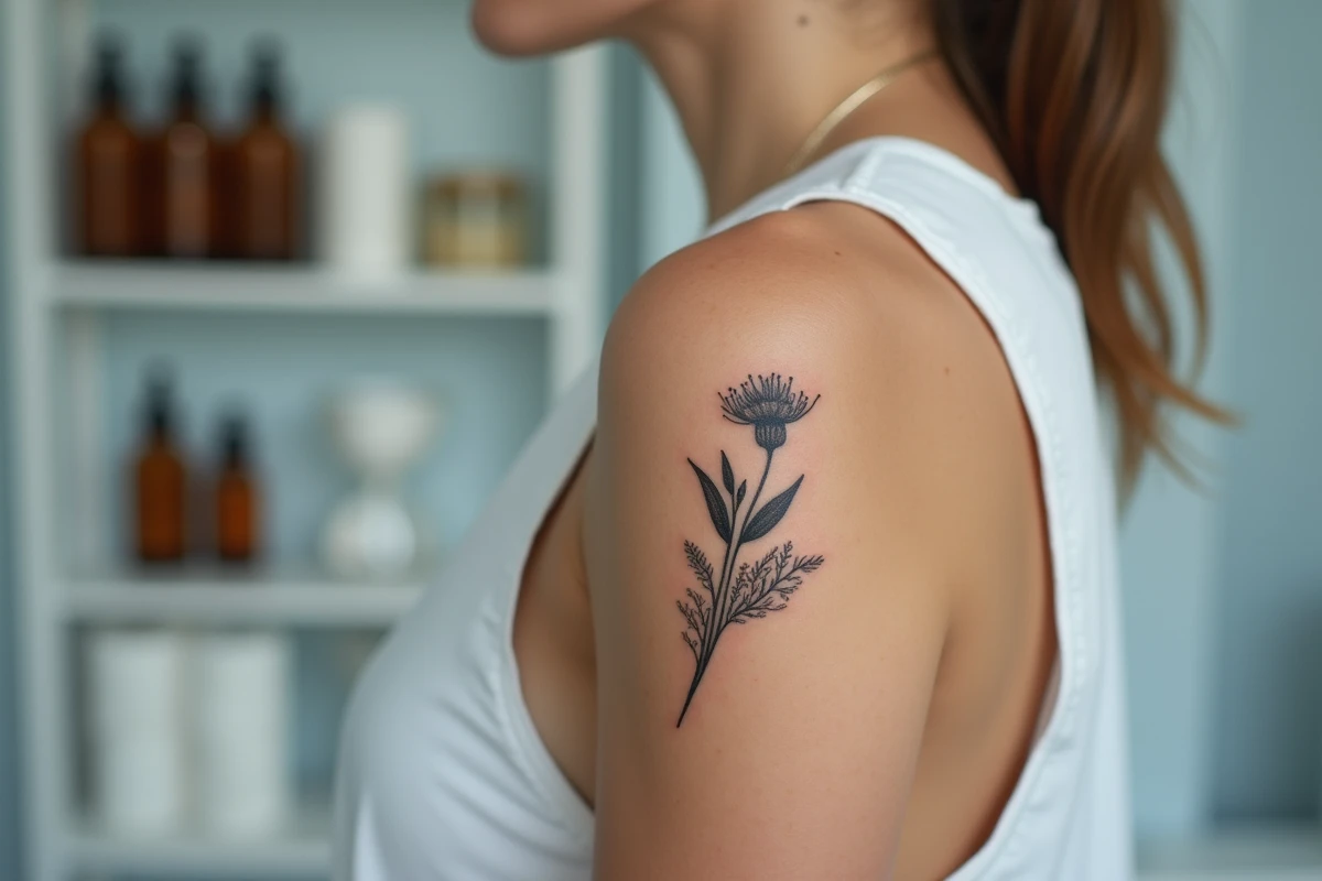 Gros plan sur un tatouage en cours d'effacement laser sur le bras d'une femme, montrant les différentes étapes de disparition de l'encre noire sur la peau