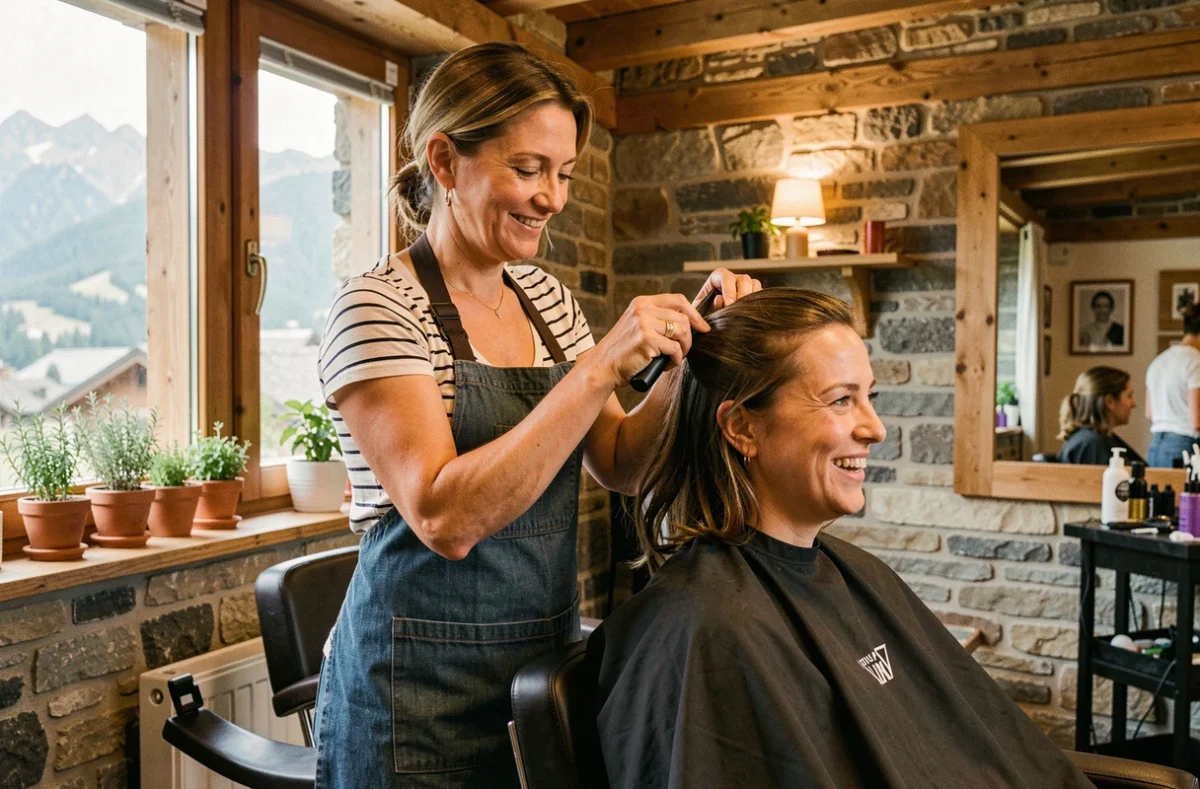 Coiffeuse en tablier denim coupant les cheveux d'une cliente dans le salon Élévation Coiffure au Touvet avec vue sur les montagnes
