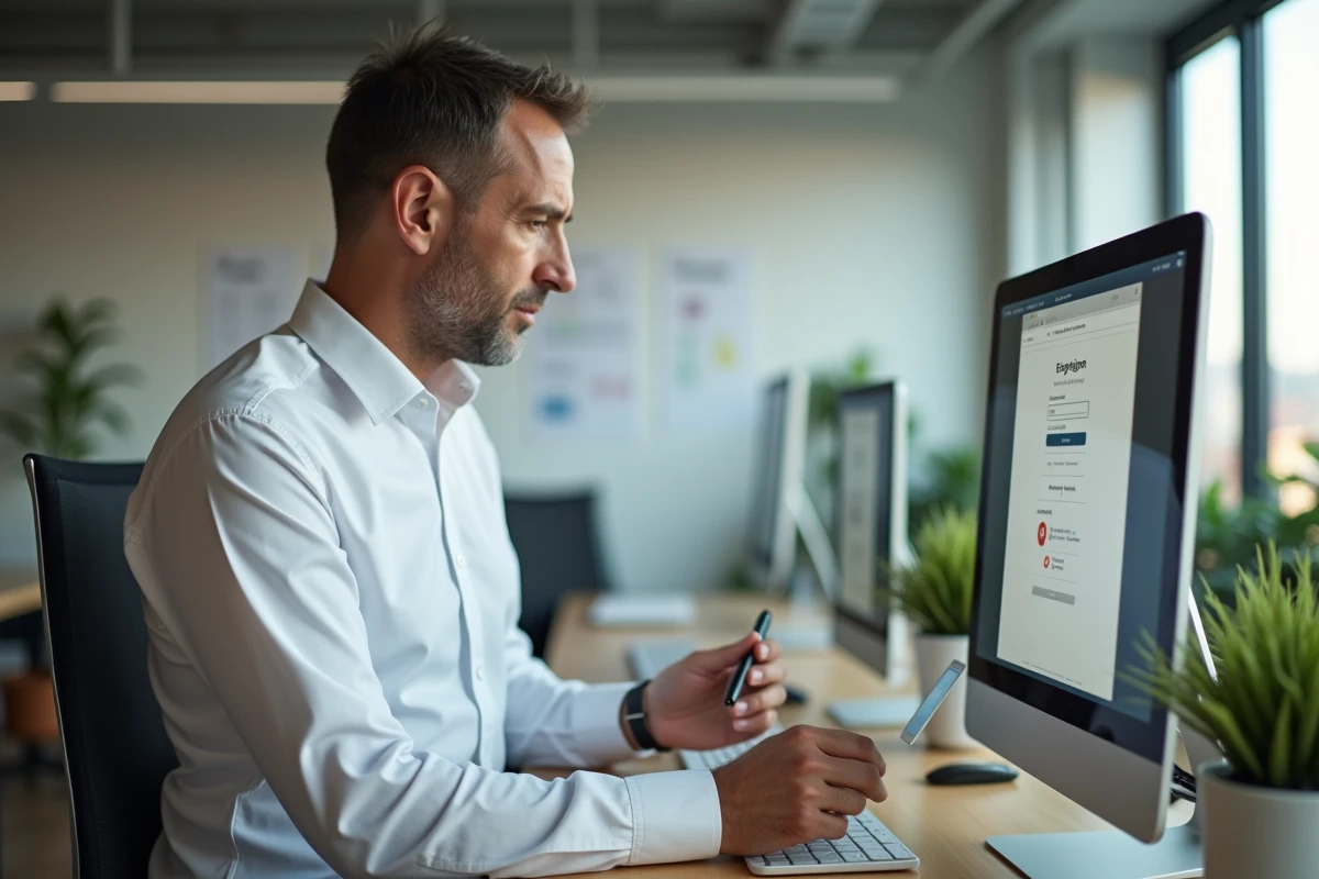 Employé masculin consultant une page de connexion avec erreur sur un ordinateur de bureau dans un espace RH
