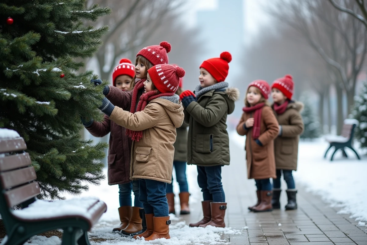 Enfants décorant un sapin de Noël en extérieur