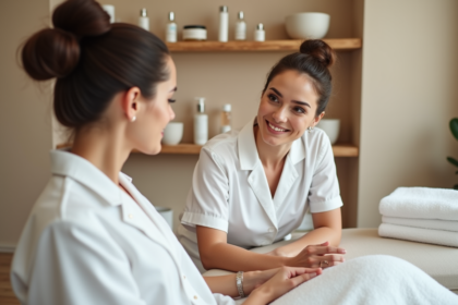 Estheticienne souriante en consultation dans un spa moderne