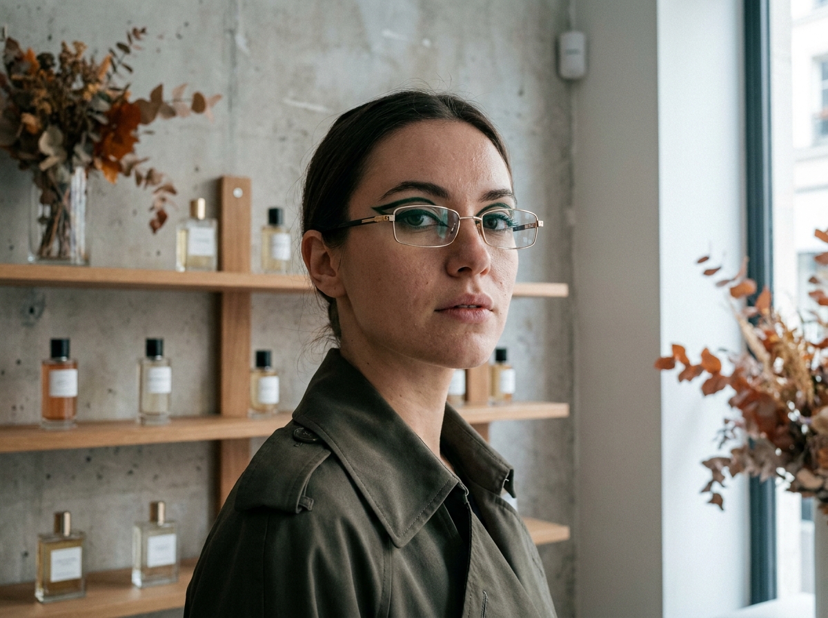 Femme aux lunettes rectangulaires dorées avec un eye-liner graphique vert forêt dans une boutique parisienne minimaliste, tendance maquillage automne-hiver 2026