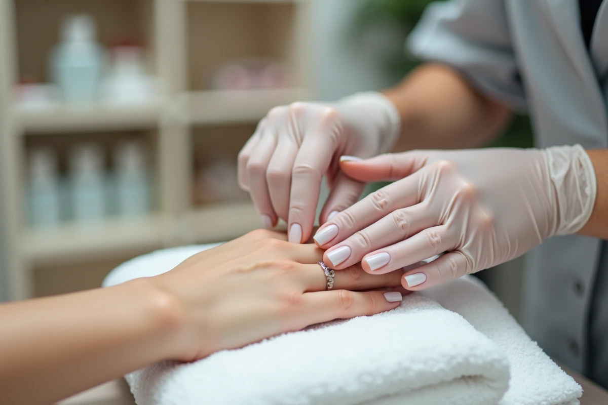 Technicienne en onglerie examinant un faux ongle acrylique décollé montrant une décoloration suspecte révélatrice d'une infiltration