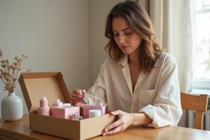 Femme ouvrant sa boîte beauté mensuelle avec des produits cosmétiques miniatures posés sur une coiffeuse en bois dans un appartement cosy