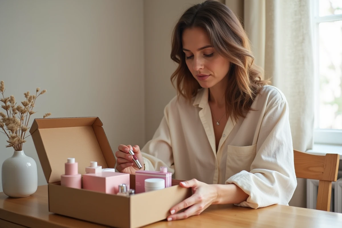 Femme ouvrant sa boîte beauté mensuelle avec des produits cosmétiques miniatures posés sur une coiffeuse en bois dans un appartement cosy