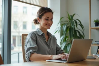 Femme utilisant une application de gestion de fermetures sur un ordinateur portable dans un bureau à domicile moderne