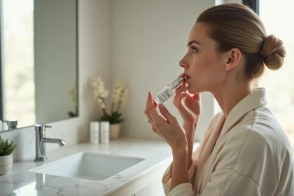 Femme quadragénaire appliquant un sérum Filorga sur le visage devant un miroir, routine beauté anti-âge au quotidien