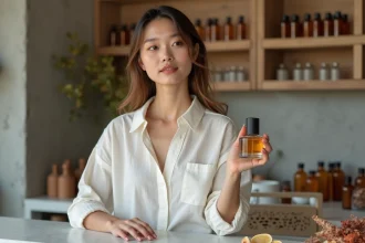 Jeune femme tenant un flacon de parfum moderne dans un atelier de création de fragrances contemporain