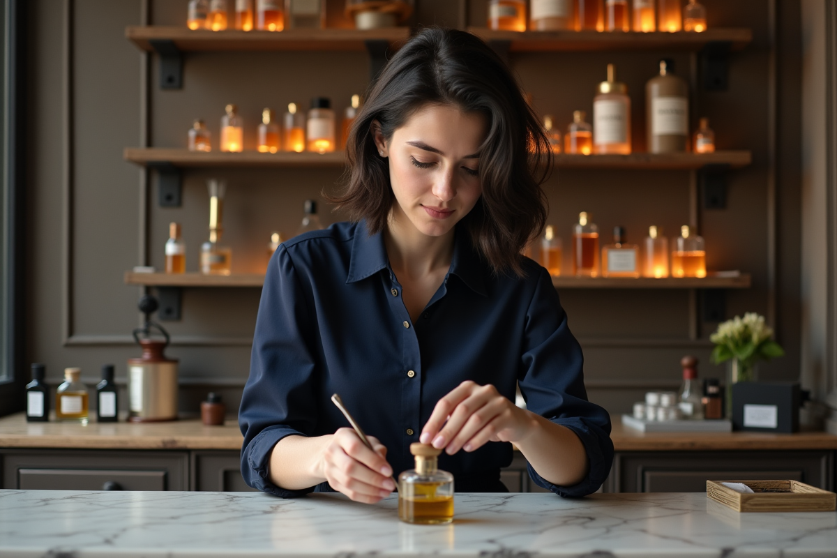 Jeune femme mélangeant parfum à Paris dans un atelier