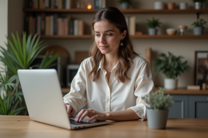 Femme assise à la cuisine en train de consulter des avis en ligne