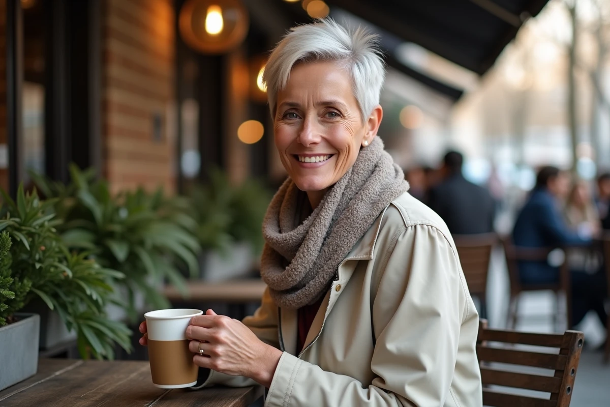 Femme souriante avec coupe pixie dans un café urbain