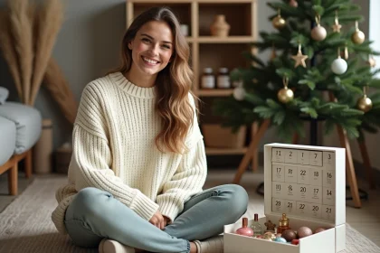 Femme souriante en pull tricoté crème découvrant un calendrier de l'Avent beauté et gourmandises posé sur un parquet en bois, ambiance chaleureuse scandinave de Noël