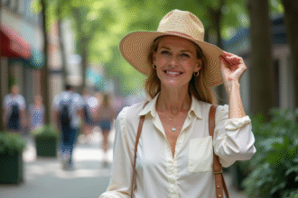 Femme élégante portant un chapeau de paille dans une rue urbaine