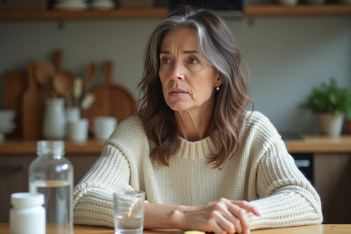 Femme de 45 ans avec des cheveux blancs et gris prématurés assis à une table de cuisine, évoquant une carence nutritionnelle ou un stress chronique