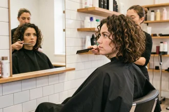 Femme aux cheveux bouclés naturels assise dans un fauteuil de salon de coiffure examinant sa coupe dans un miroir