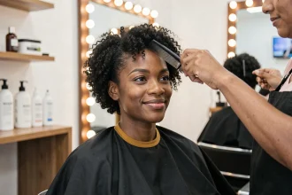 Femme noire aux cheveux courts et crépus naturels dans un salon de coiffure spécialisé BRAIDS, se regardant dans le miroir avec satisfaction