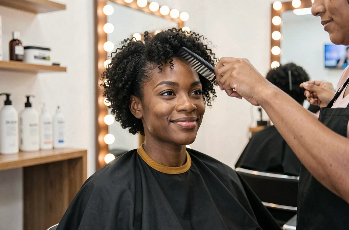 Femme noire aux cheveux courts et crépus naturels dans un salon de coiffure spécialisé BRAIDS, se regardant dans le miroir avec satisfaction