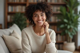 Femme aux cheveux bouclés et sourire naturel dans un salon cosy