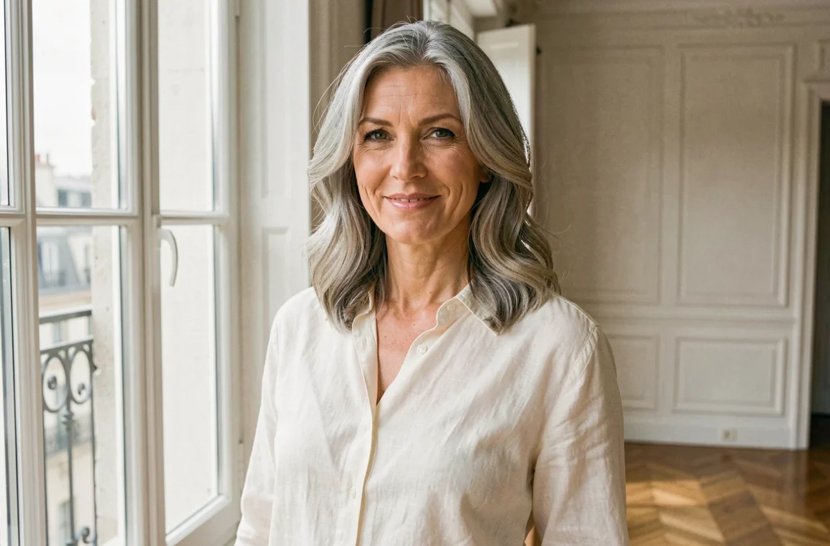 Femme de 45 ans assumant ses cheveux gris naturels avec élégance dans un appartement parisien lumineux