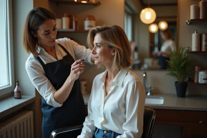 Femme confiante avec coupe courte dans un salon de coiffure