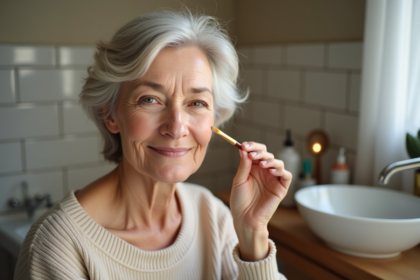 Femme appliquant du concealer sous les yeux dans sa salle de bain