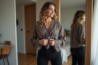 Femme confiante en leggings noirs dans sa chambre