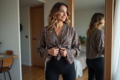 Femme confiante en leggings noirs dans sa chambre