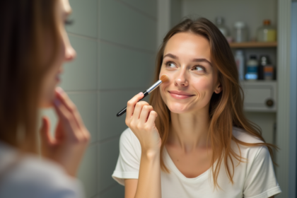 Jeune femme appliquant contouring dans sa salle de bain