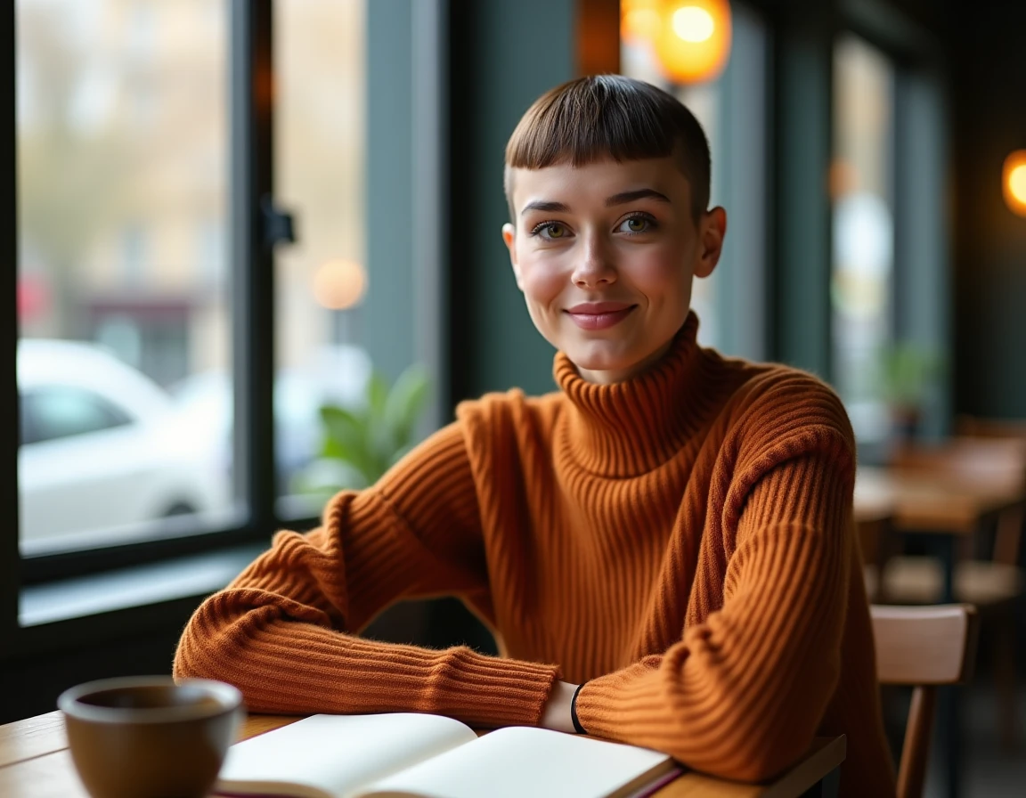 Femme avec coupe casquette lisse assise dans un café, visage ovale mis en valeur