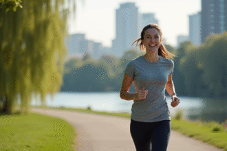 Femme souriante en course près d'une rivière