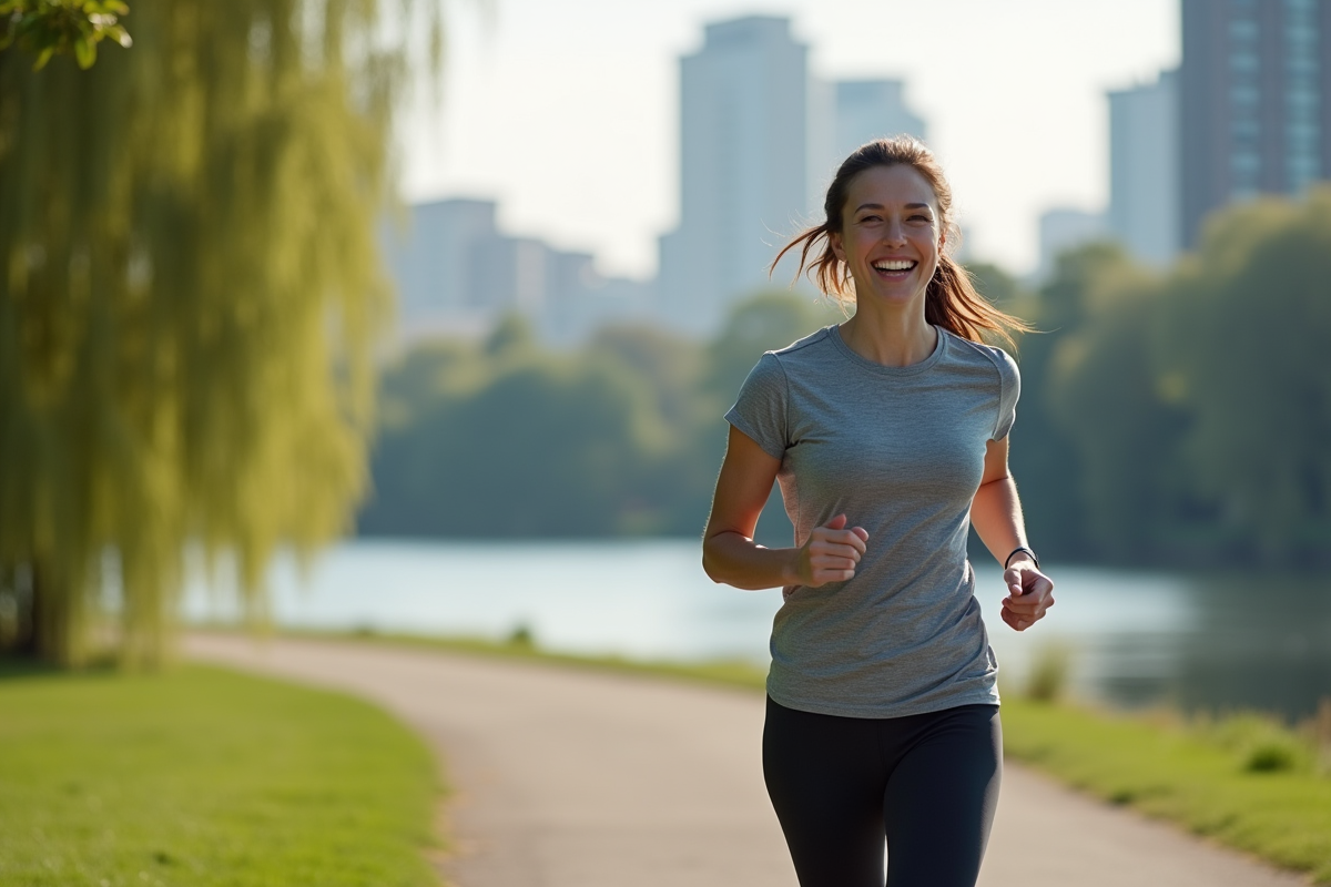 Femme souriante en course près d'une rivière