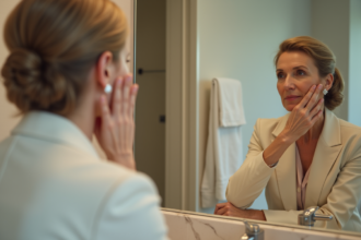 Femme élégante en miroir visage naturel et apaisant