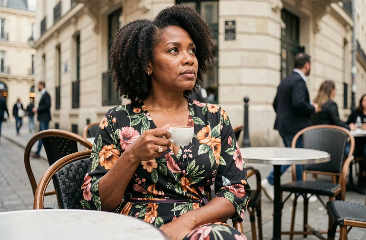Femme noire élégante assise en terrasse de café parisien, regard confiant et expression de sérénité face aux regards extérieurs
