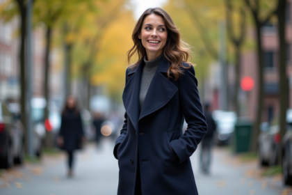 Femme élégante en manteau navy dans une rue urbaine