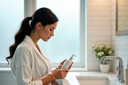 Femme enceinte lisant attentivement l'étiquette d'un produit capillaire dans sa salle de bain