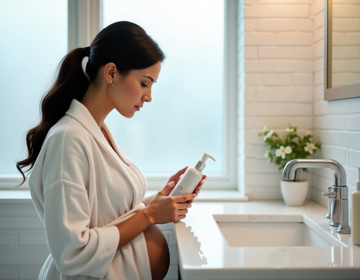 Femme enceinte lisant attentivement l'étiquette d'un produit capillaire dans sa salle de bain