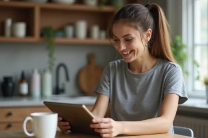 Femme en cuisine utilisant une tablette pour essayer des coiffures