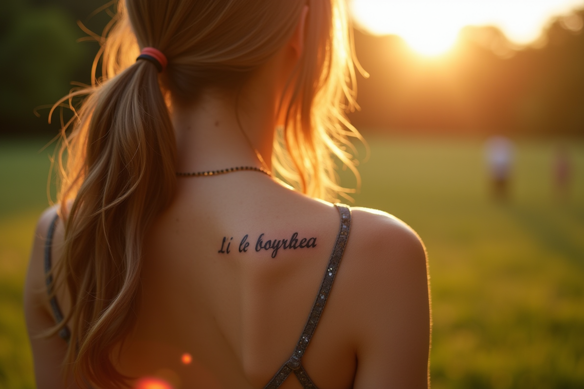 Femme debout en extérieur montrant tatouage en cursive dans la lumière dorée