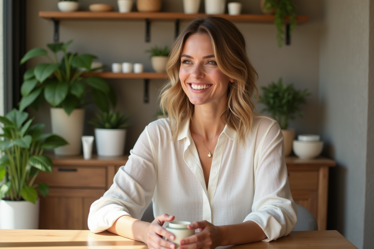Femme française souriante dans un spa lumineux et apaisant