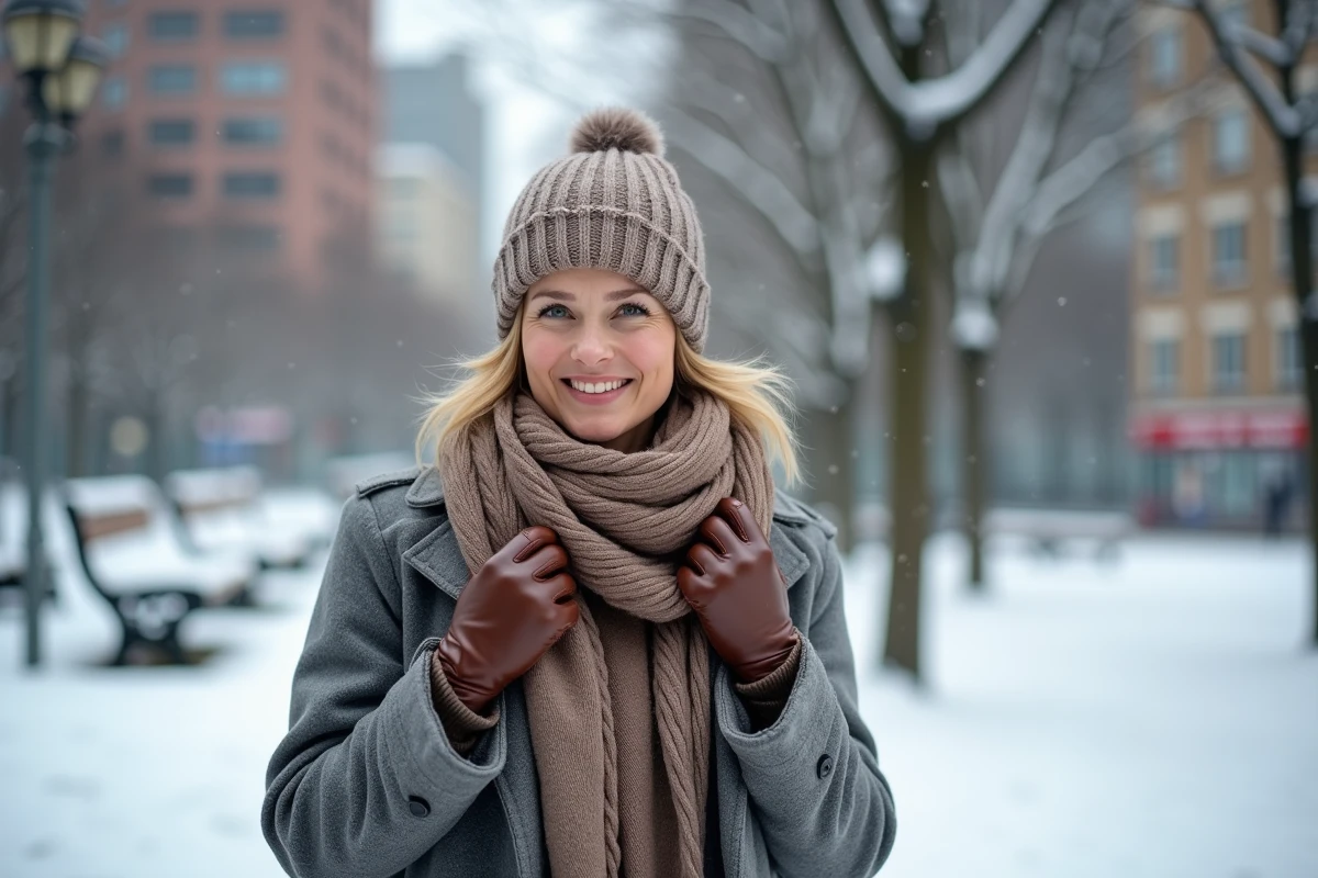 Femme d'âge moyen dans un parc enneigé en ville